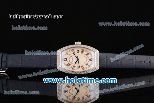 Franck Muller Chronometro Miyota Quartz Steel Case with Diamond Bezel Blue Leather Bracelet and Colorful Numeral Markers - Click Image to Close